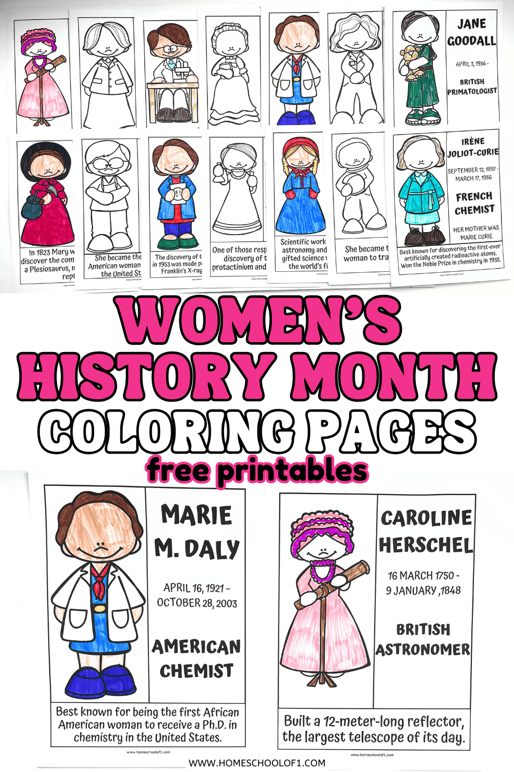 Free printable Women’s History Month coloring pages featuring trailblazing women in STEM, including Marie M. Daly and Caroline Herschel, with kid-friendly illustrations and short biographies.