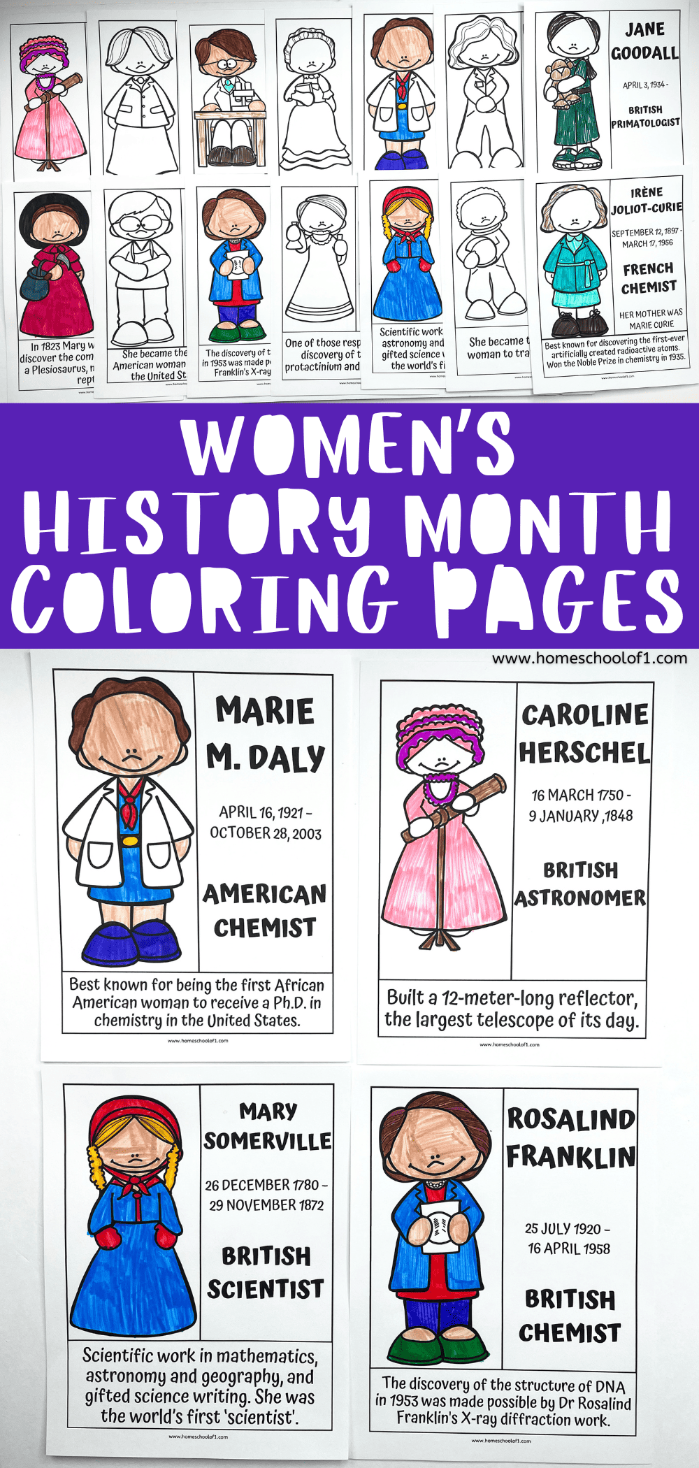  A printable set of Women's History Month coloring pages featuring illustrated portraits of notable women in science, including Marie M. Daly, Caroline Herschel, Mary Somerville, and Rosalind Franklin. Each page includes a cartoon-style image to color, a short biography, and the woman’s field of expertise, making these Women's History Month coloring pages educational and engaging for kids.