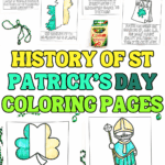 St Patrickโs Day history coloring pages showing Saint Patrick, shamrock, Ireland map, and simple facts for kids