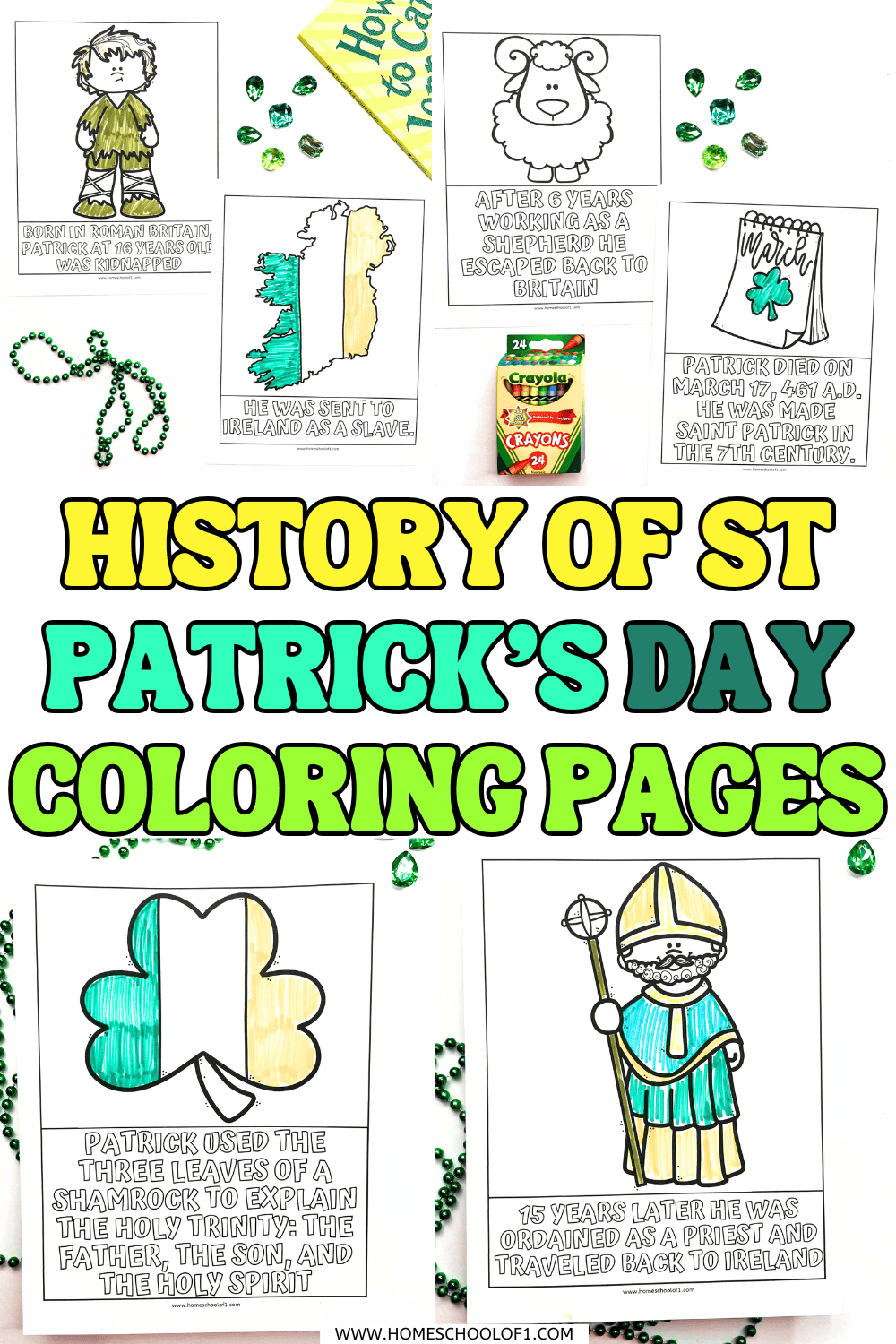 St Patrickโs Day history coloring pages showing Saint Patrick, shamrock, Ireland map, and simple facts for kids