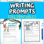 Writing prompt printables for kids including space, pirate, and Valentine's Day themes with colorful illustrations.