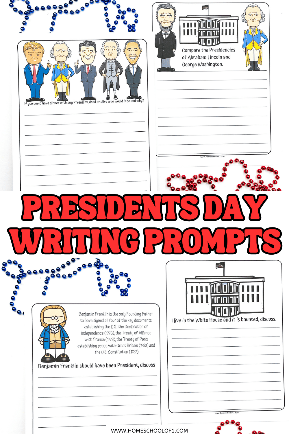 Free printable Presidents Day writing prompts worksheet featuring George Washington, Abraham Lincoln, and other U.S. presidents.