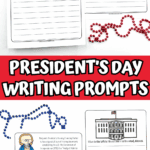 Free printable Presidents Day writing prompts worksheet pack for elementary students with creative U.S. history themes.