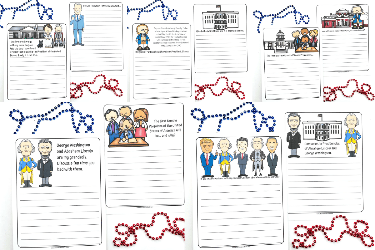 Free Presidents Day writing prompt worksheets for kids featuring creative prompts about U.S. presidents, the White House, and leadership.