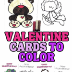 Printable Valentine cards to color showing kid-friendly designs, including a teddy bear, Cupid, flowers, and children with hearts, displayed with markers on white card pages.