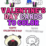 Printable Valentineโs Day cards to color featuring kid-friendly designs, including a flower bouquet, children with hearts, a teddy bear, and Cupid, shown with markers for coloring.
