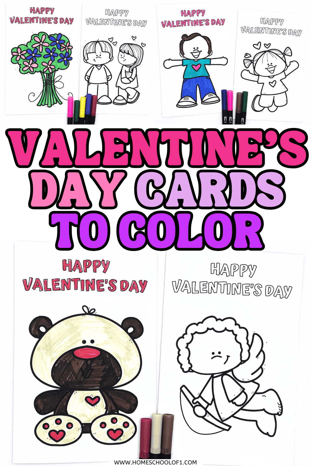 Printable Valentineโs Day cards to color featuring kid-friendly designs, including a flower bouquet, children with hearts, a teddy bear, and Cupid, shown with markers for coloring.