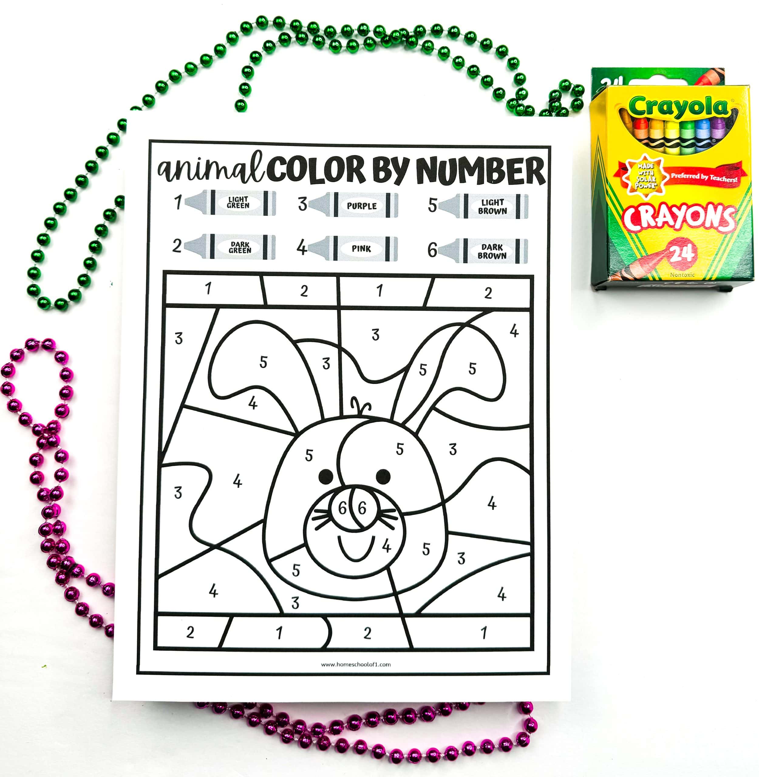 An animal color by number worksheet featuring a smiling bunny illustration, with numbered sections and a color key that includes light green, dark green, purple, pink, light brown, and dark brown. The uncolored worksheet is placed beside a 24-pack of Crayola crayons and decorated with green and pink beaded necklaces on a white background.