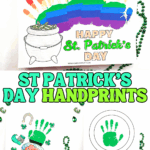 St Patrick’s Day handprint art printables featuring a rainbow handprint, leprechaun face, and lucky coin design on a white background with green beads.