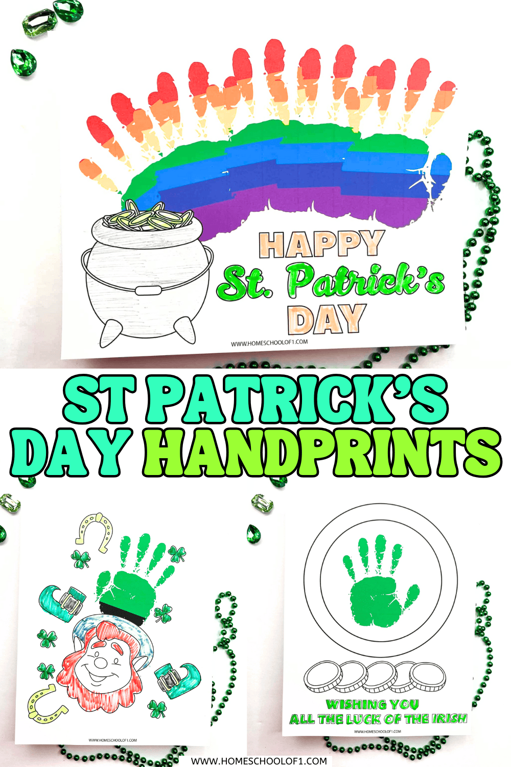 St Patrick’s Day handprint art printables featuring a rainbow handprint, leprechaun face, and lucky coin design on a white background with green beads.