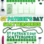 St Patrick’s Day Scattergories printable game with green shamrock header, category list, and example answers filled in, surrounded by beads, pens, and an hourglass.