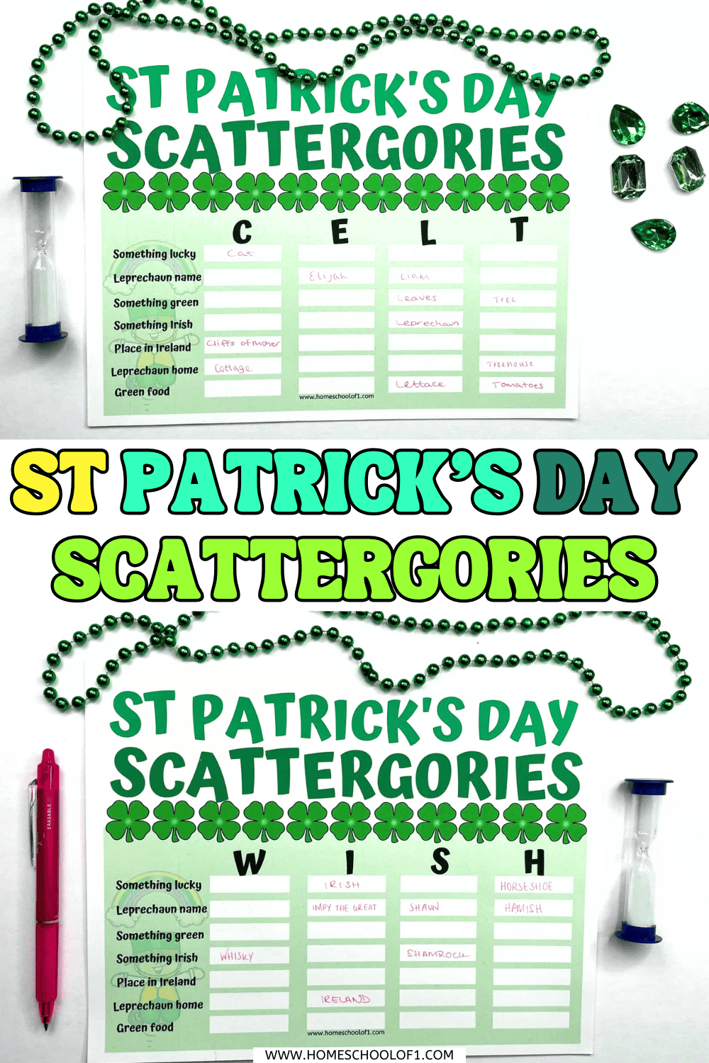 St Patrick’s Day Scattergories printable game with green shamrock header, category list, and example answers filled in, surrounded by beads, pens, and an hourglass.