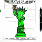 Printable Statue of Liberty worksheet for kids showing a labeled diagram with torch, crown, robe, tablet, base, and arm. Free educational activity for geography or U.S. history lessons.