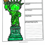 Free Statue of Liberty worksheet with sections for kids to fill in facts about height, weight, materials, location, and interesting trivia. Hands-on geography printable for students.
