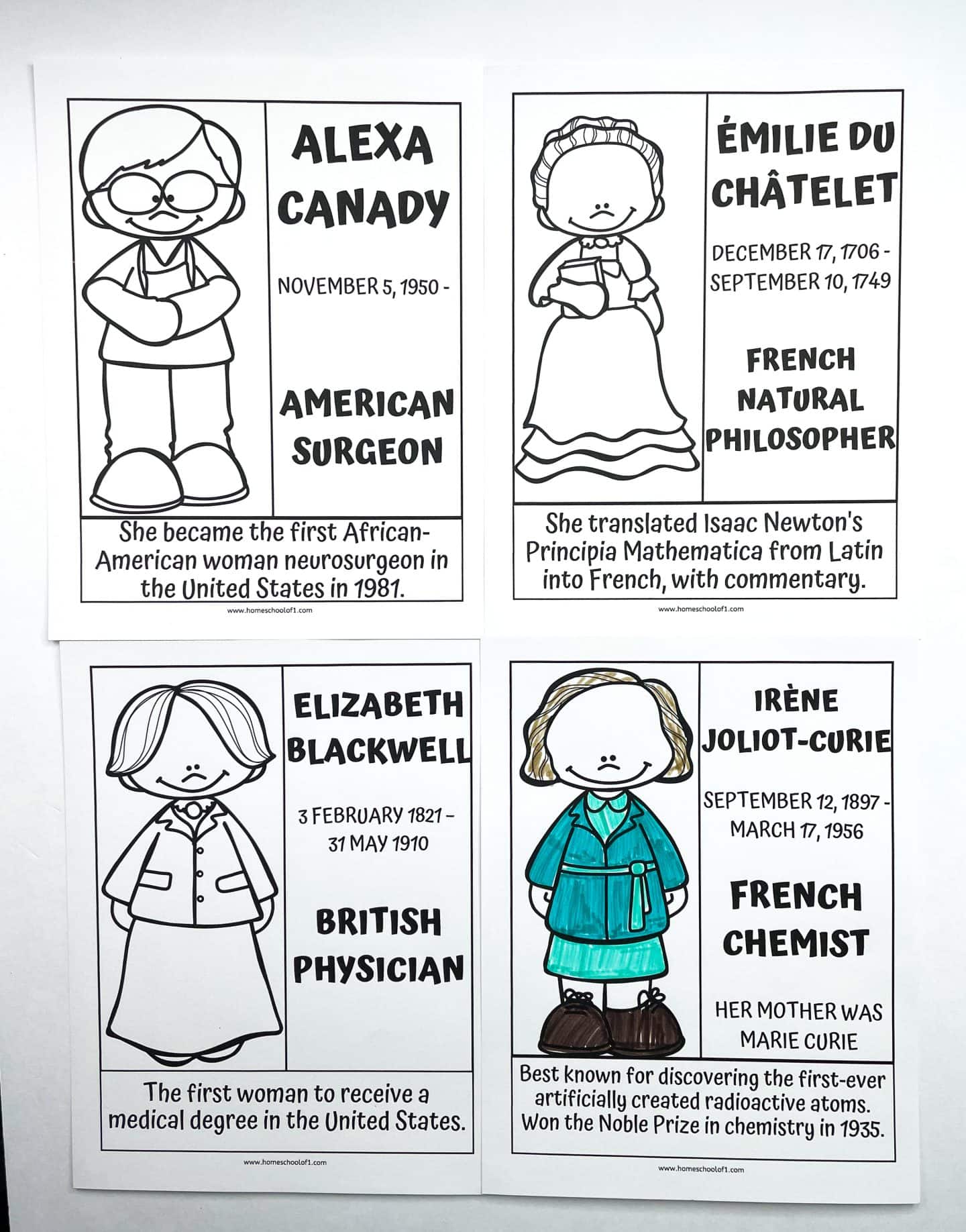 A printable set of Women's History Month coloring pages showcasing influential women in science and medicine. Featured figures include Alexa Canady, Émilie du Châtelet, Elizabeth Blackwell, and Irène Joliot-Curie. Each page includes a cartoon-style image to color and a short biography, making these Women's History Month coloring pages a fun and educational resource for teaching kids about groundbreaking female pioneers.
