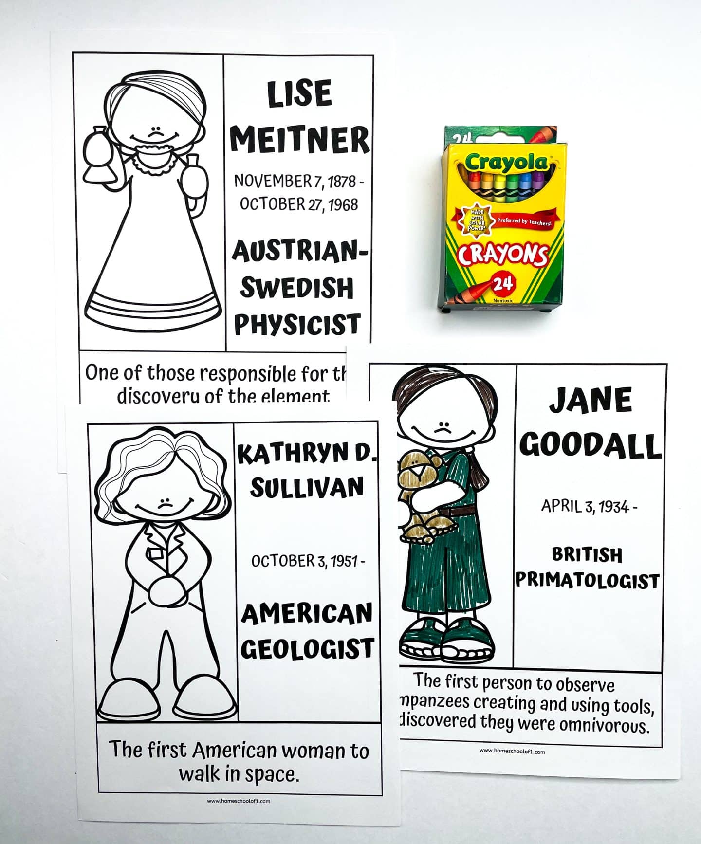 Set of Women's History Month coloring pages featuring Lise Meitner, Kathryn D. Sullivan, and Jane Goodall. Each printable page includes a cartoon portrait and educational bio highlighting achievements in physics, geology, and primatology. A box of Crayola crayons is included in the image, emphasizing the creative and educational value of these Women's History Month coloring pages for kids.