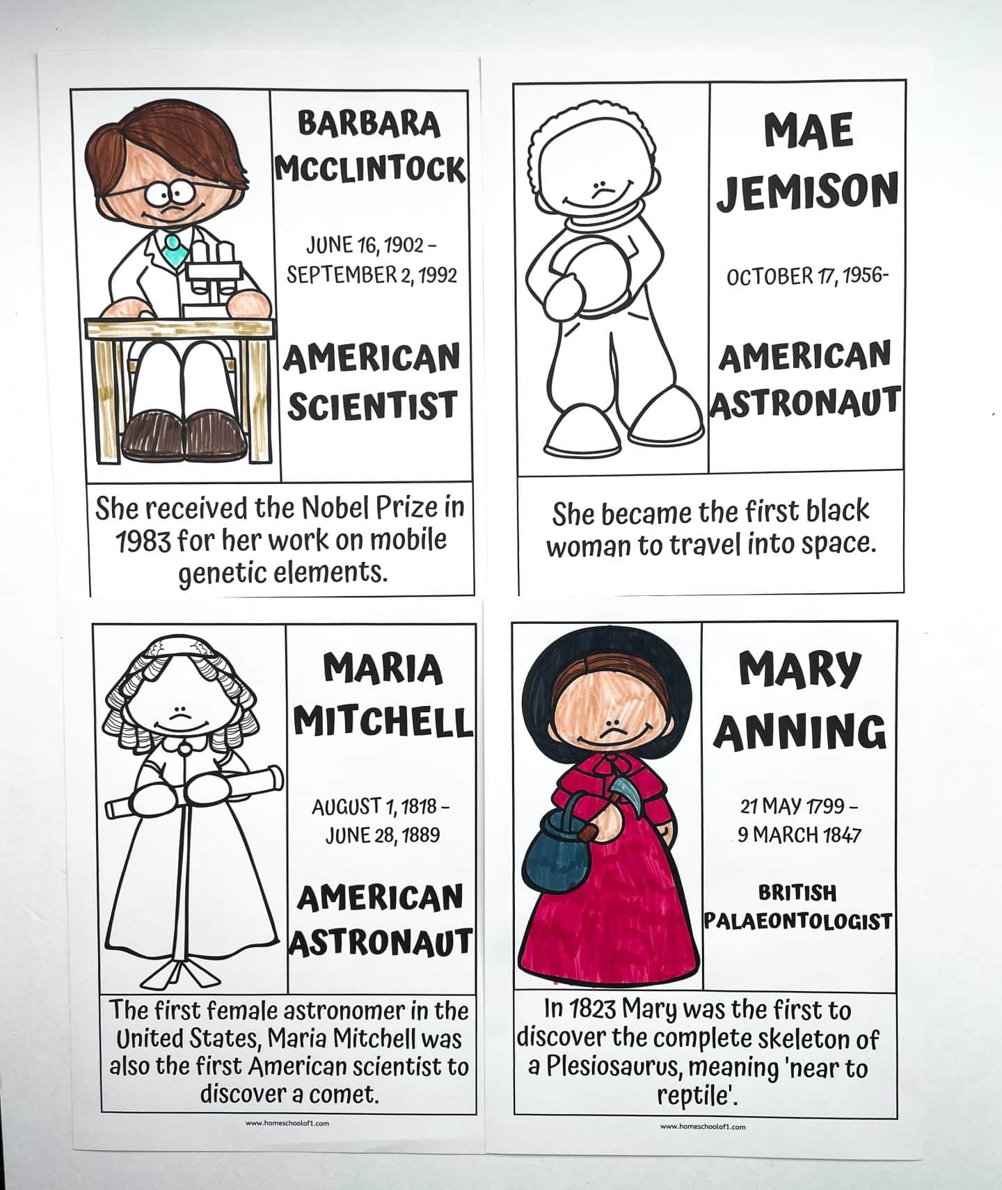 A set of Women's History Month coloring pages featuring educational illustrations and facts about influential women in science. The printable pages highlight Barbara McClintock, Mae Jemison, Maria Mitchell, and Mary Anning, with cartoon-style portraits and biographical details. These Women's History Month coloring pages are ideal for teaching kids about female pioneers in STEM.