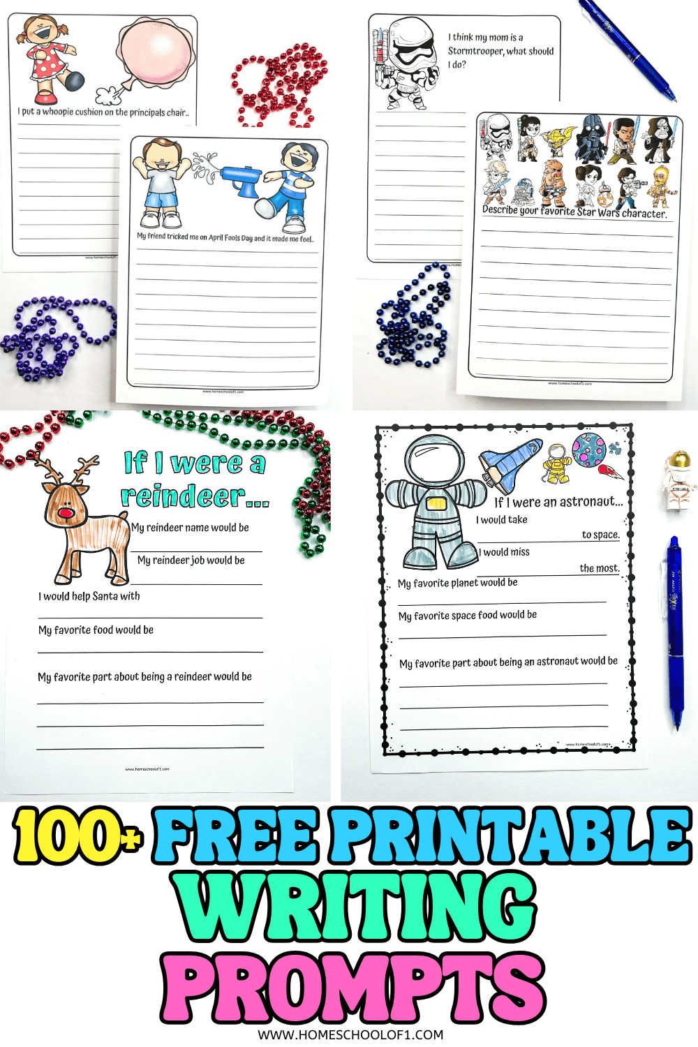 Printable writing prompts for kids featuring silly, seasonal, and themed pages with lines for creative responses.

