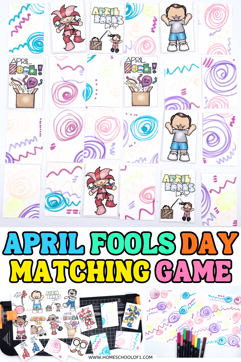April Fools Day matching game printable cards with colorful swirl backgrounds and cartoon prank-themed illustrations laid out on a table