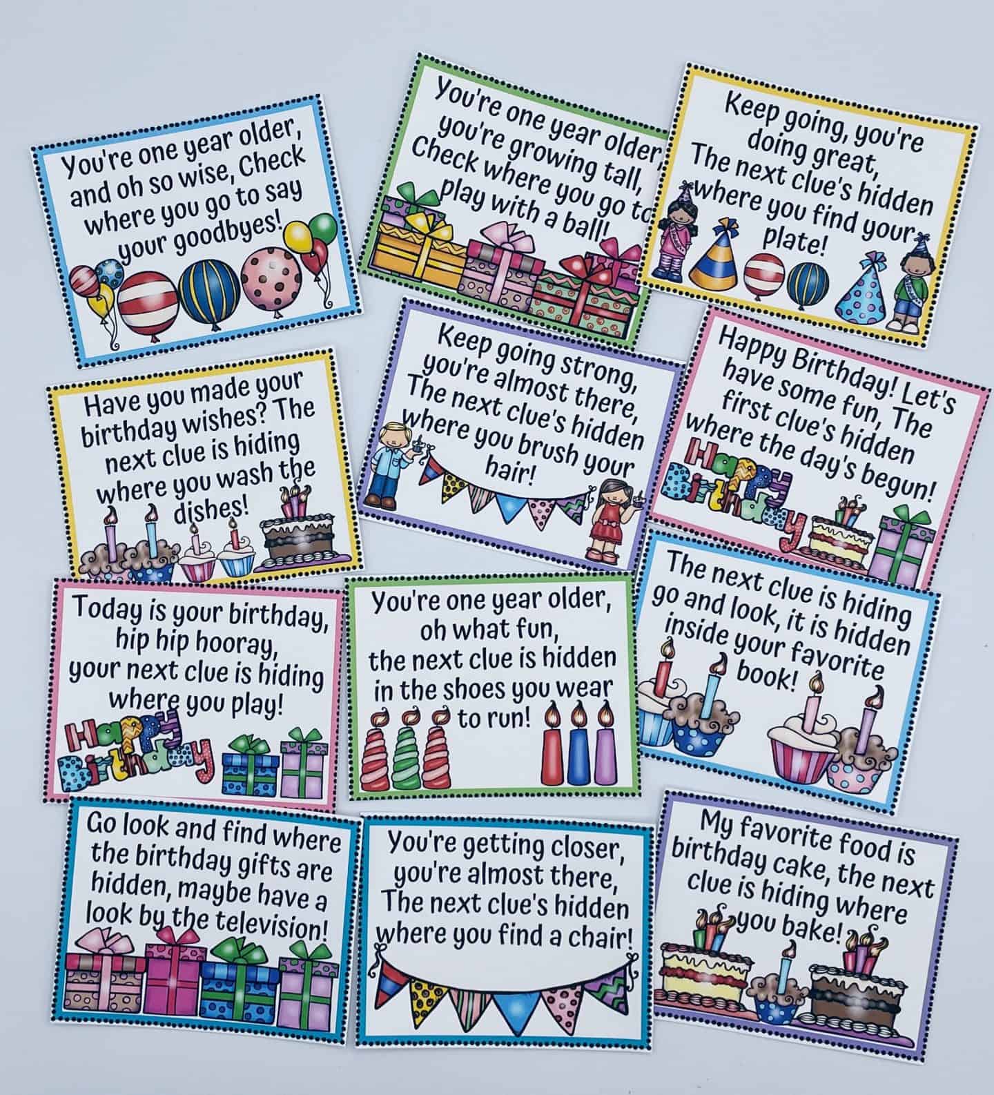 A colorful set of printable birthday scavenger hunt clues featuring rhyming riddles and festive illustrations like balloons, cakes, presents, and party hats. Each clue directs kids to common household locations such as the chair, television, bathroom, or toy area. These birthday scavenger hunt clues are perfect for creating a fun and interactive birthday surprise.