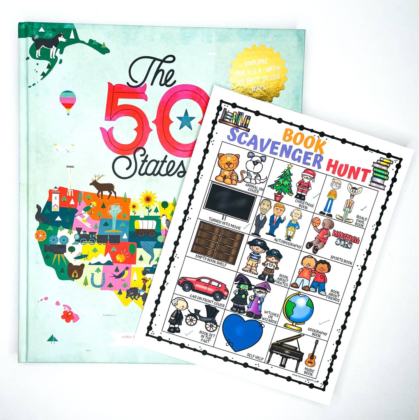 A colorful book titled The 50 States lies on a white surface with a Book Scavenger Hunt printable resting on top. The scavenger hunt sheet includes illustrated categories such as “Animal on Cover,” “Christmas Book,” “Autobiography,” “Book About Pirates,” and “Geography Book.” The activity encourages children to find specific types of books, making it a fun and educational tool for library or classroom use.