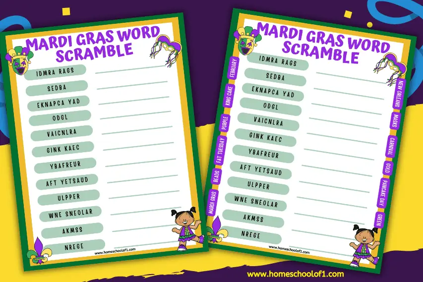 Mardi Gras Word Scramble with answers (free printable)