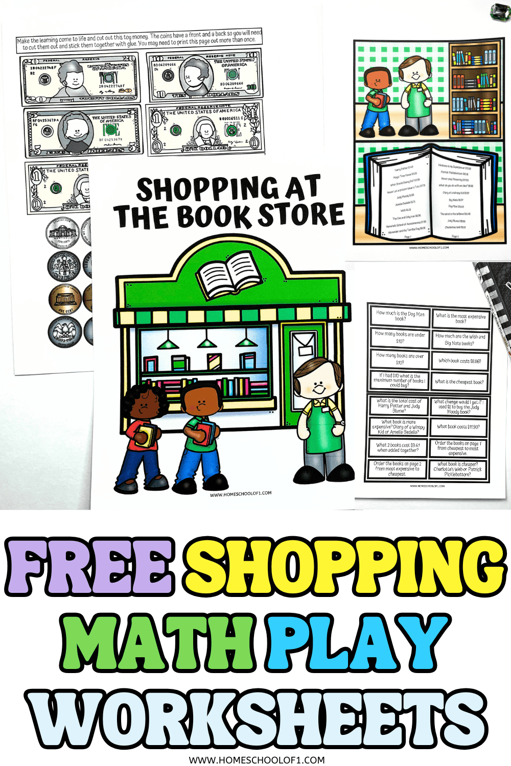 Printable shopping math worksheets for kids featuring play money, a bookstore theme, and budgeting questions like "What book is most expensive?"

