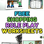 Free printable shopping role play worksheets for kids with pretend money, book price lists, and real-world budgeting math questions.