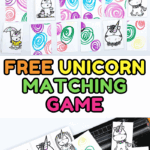Printable unicorn matching game with cut-apart memory cards showing unicorns, rainbows, and swirls, displayed on a paper cutter and table