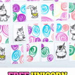 Free unicorn matching game with printable cards featuring unicorns and colorful swirl designs, perfect for preschool memory practice