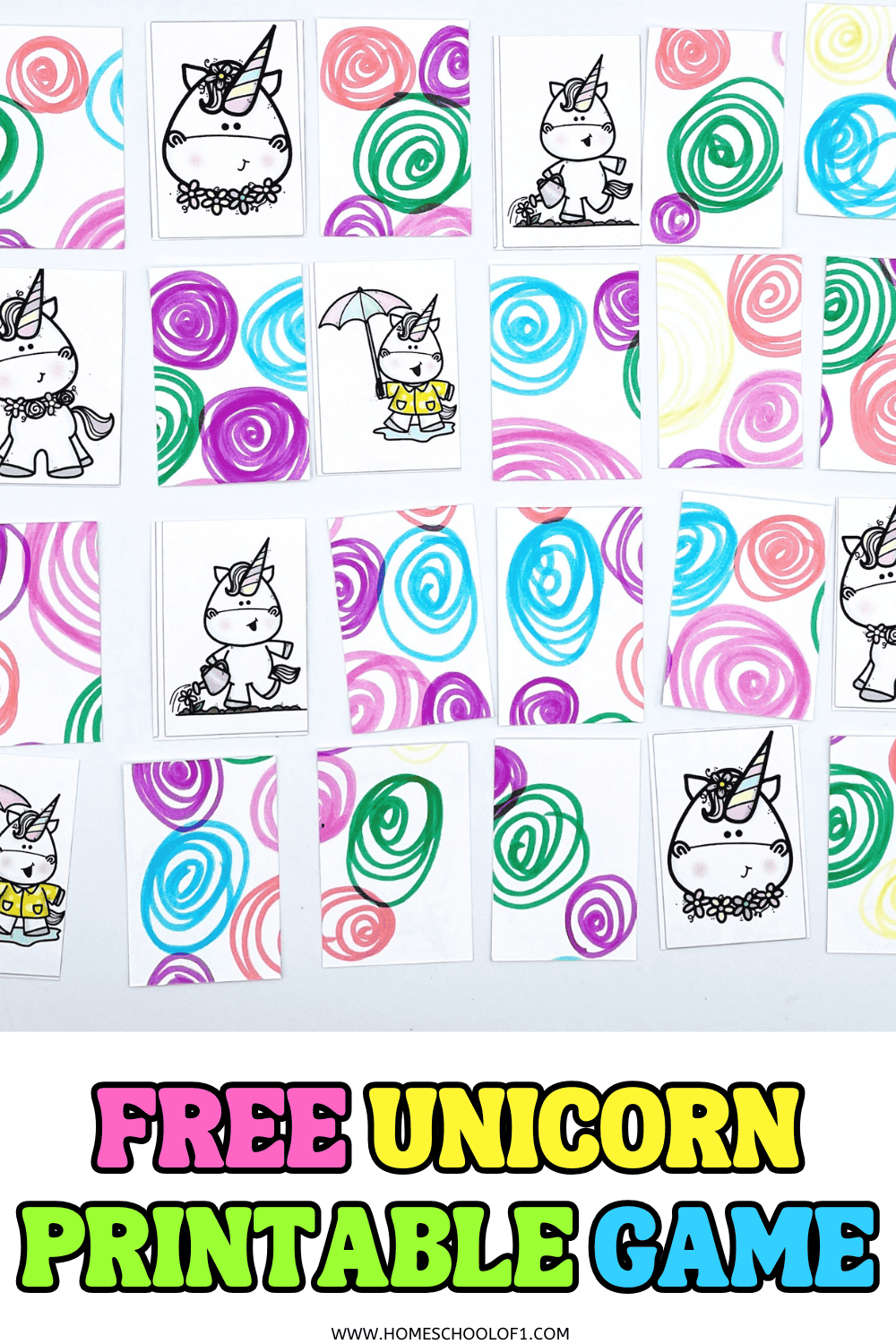 Free unicorn matching game with printable cards featuring unicorns and colorful swirl designs, perfect for preschool memory practice

