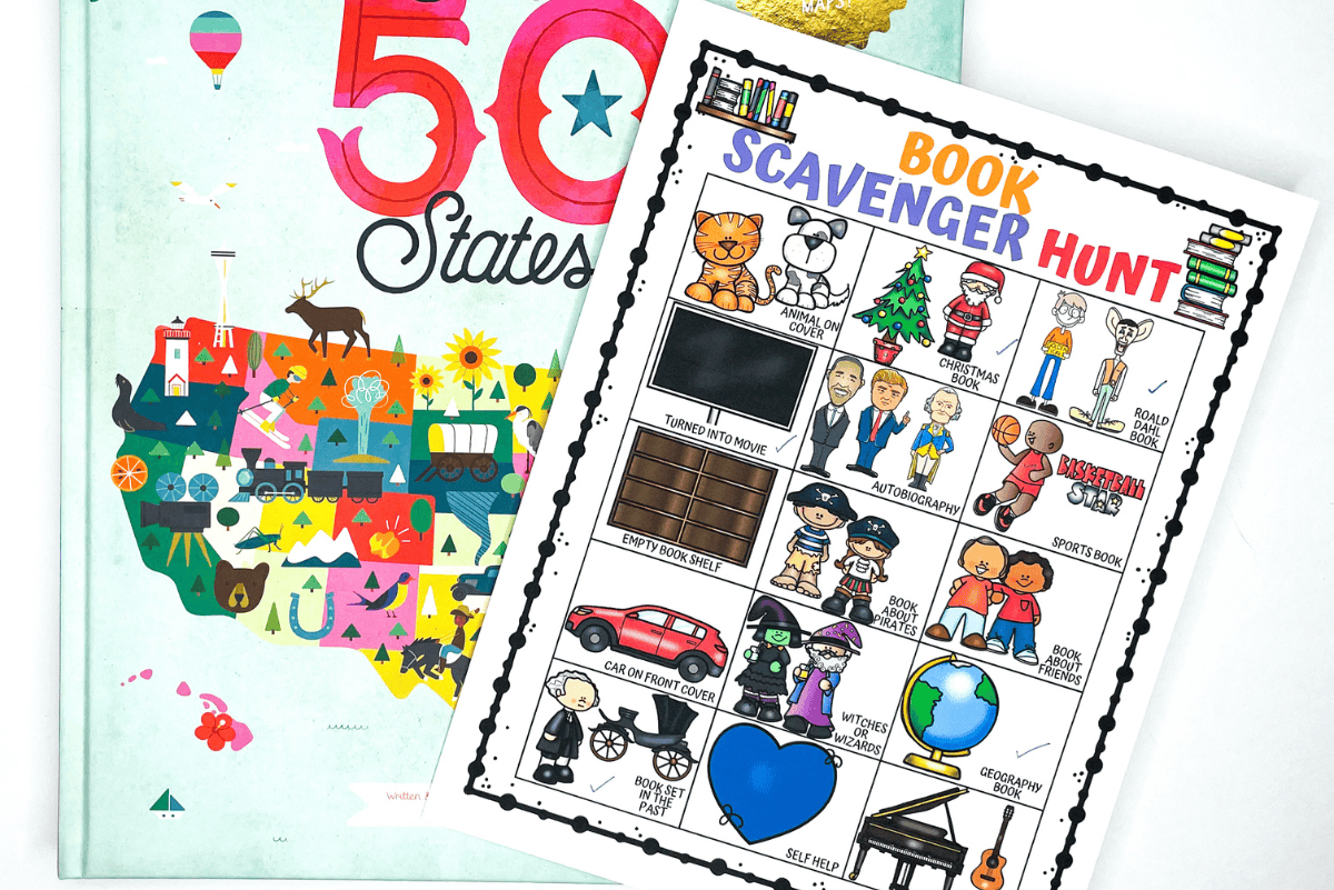 A Book Scavenger Hunt printable is placed on top of a colorful children’s book titled “50 States.” The scavenger hunt sheet includes illustrated prompts like “Animal on Cover,” “Autobiography,” “Book About Friends,” and “Geography Book.” The activity encourages kids to find various types of books during a visit to the library or bookstore. Bright and engaging, it’s designed to make reading exploration fun and interactive.