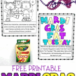 Free Mardi Gras coloring pages showing kids in costume, bead necklaces, and a Fat Tuesday themed printable with fun facts.
