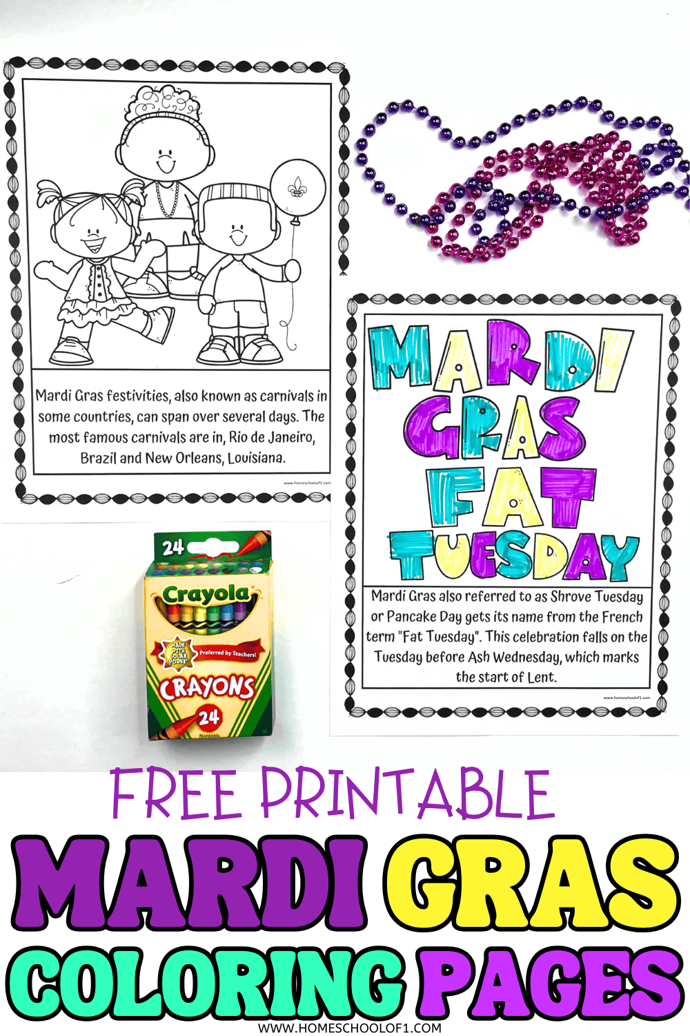 Free Mardi Gras coloring pages showing kids in costume, bead necklaces, and a Fat Tuesday themed printable with fun facts.