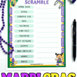 Mardi Gras word scramble printable for kids with festive vocabulary like beads, masks, king cake, and Fat Tuesday
