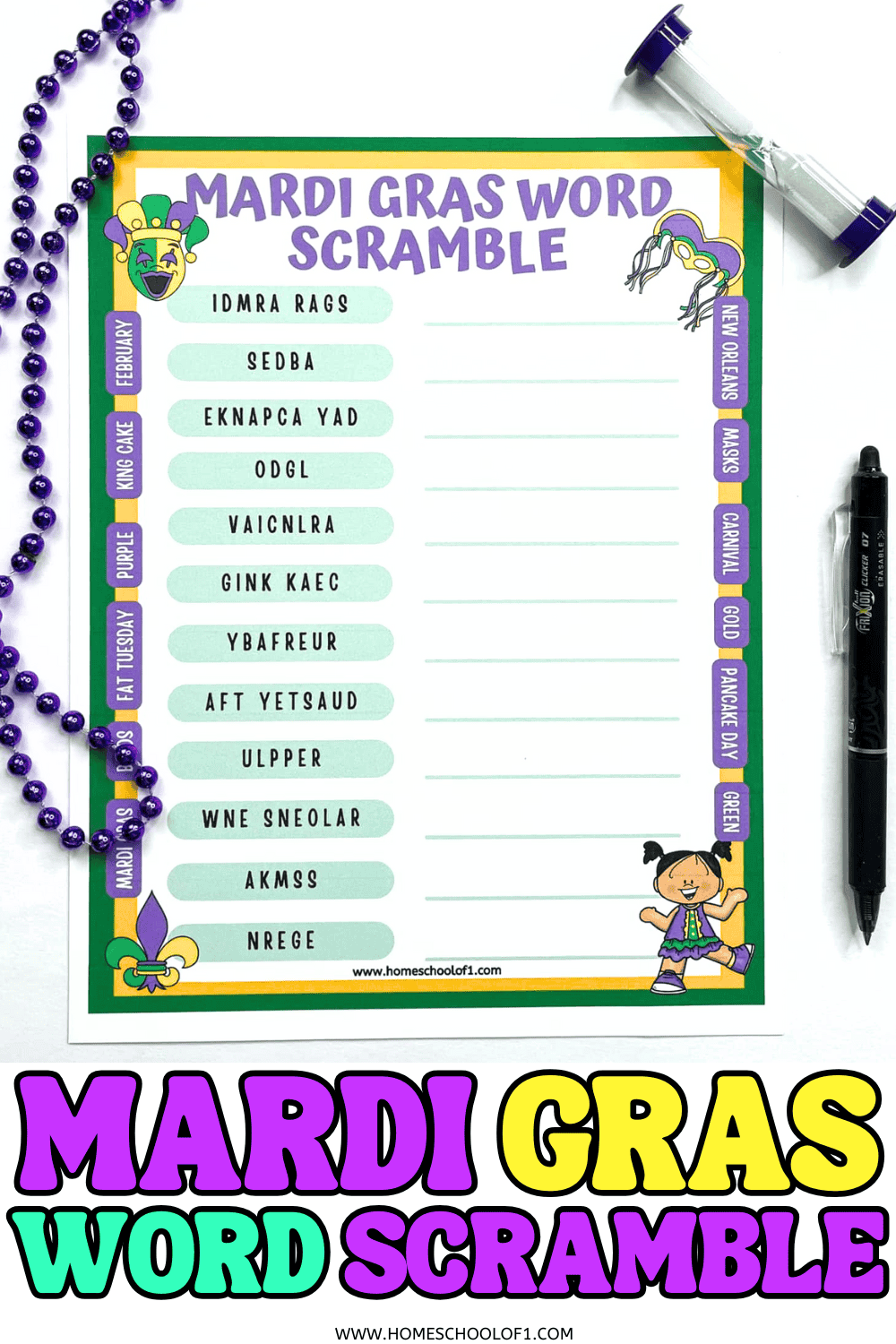 Mardi Gras word scramble printable for kids with festive vocabulary like beads, masks, king cake, and Fat Tuesday