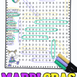 Mardi Gras word search printable with carnival-themed vocabulary, colorful highlights, and kid-friendly puzzle design