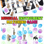 Flat lay of a printable musical instrument matching game for kids, featuring illustrated cards of children playing instruments like harp, flute, piano, clarinet, cello, bagpipes, drums, maracas, saxophone, trumpet, and guitar. Some cards show colorful swirl patterns on the back, while others are face-up showing either instruments or characters playing them.