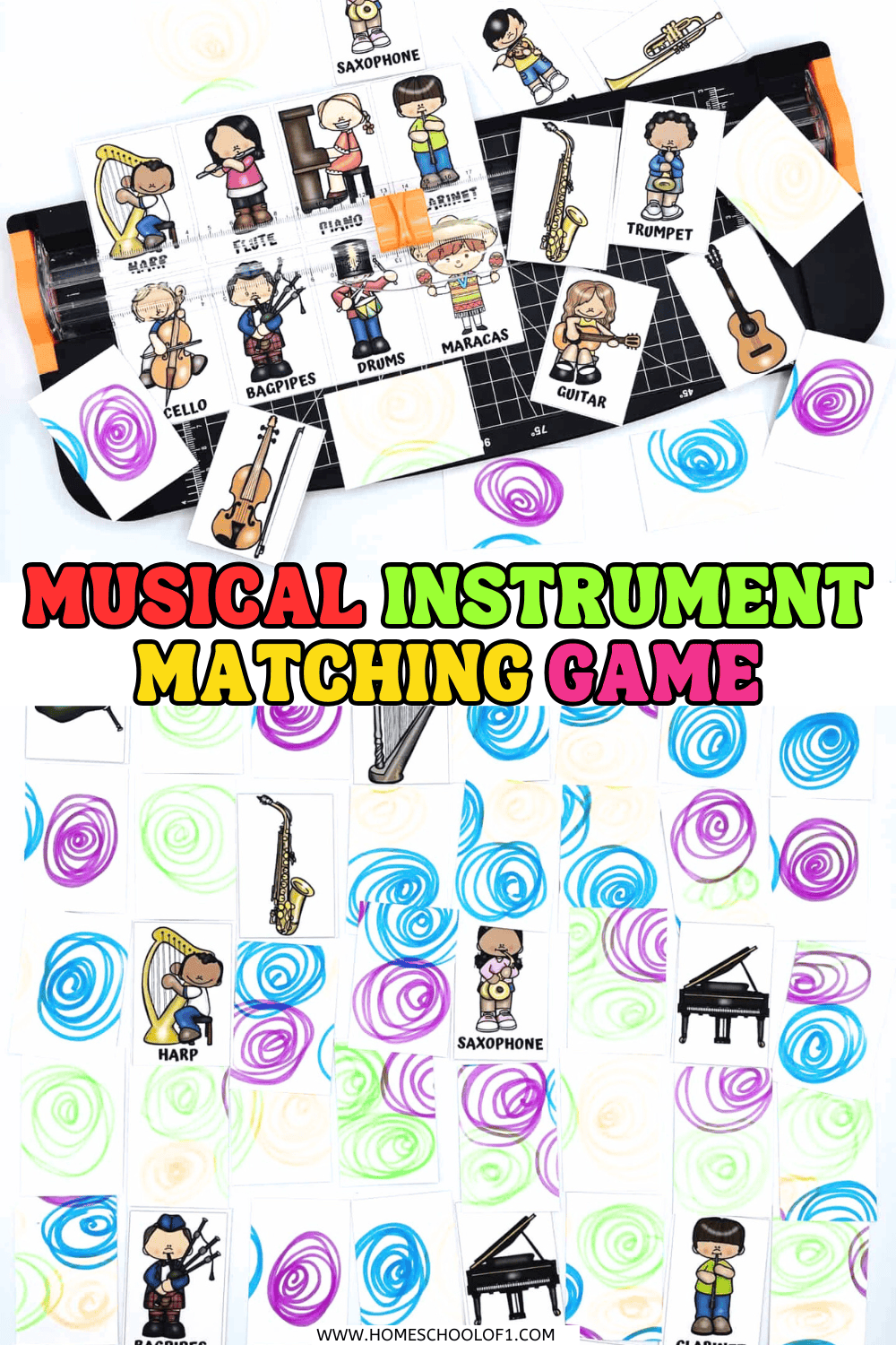 Flat lay of a printable musical instrument matching game for kids, featuring illustrated cards of children playing instruments like harp, flute, piano, clarinet, cello, bagpipes, drums, maracas, saxophone, trumpet, and guitar. Some cards show colorful swirl patterns on the back, while others are face-up showing either instruments or characters playing them.