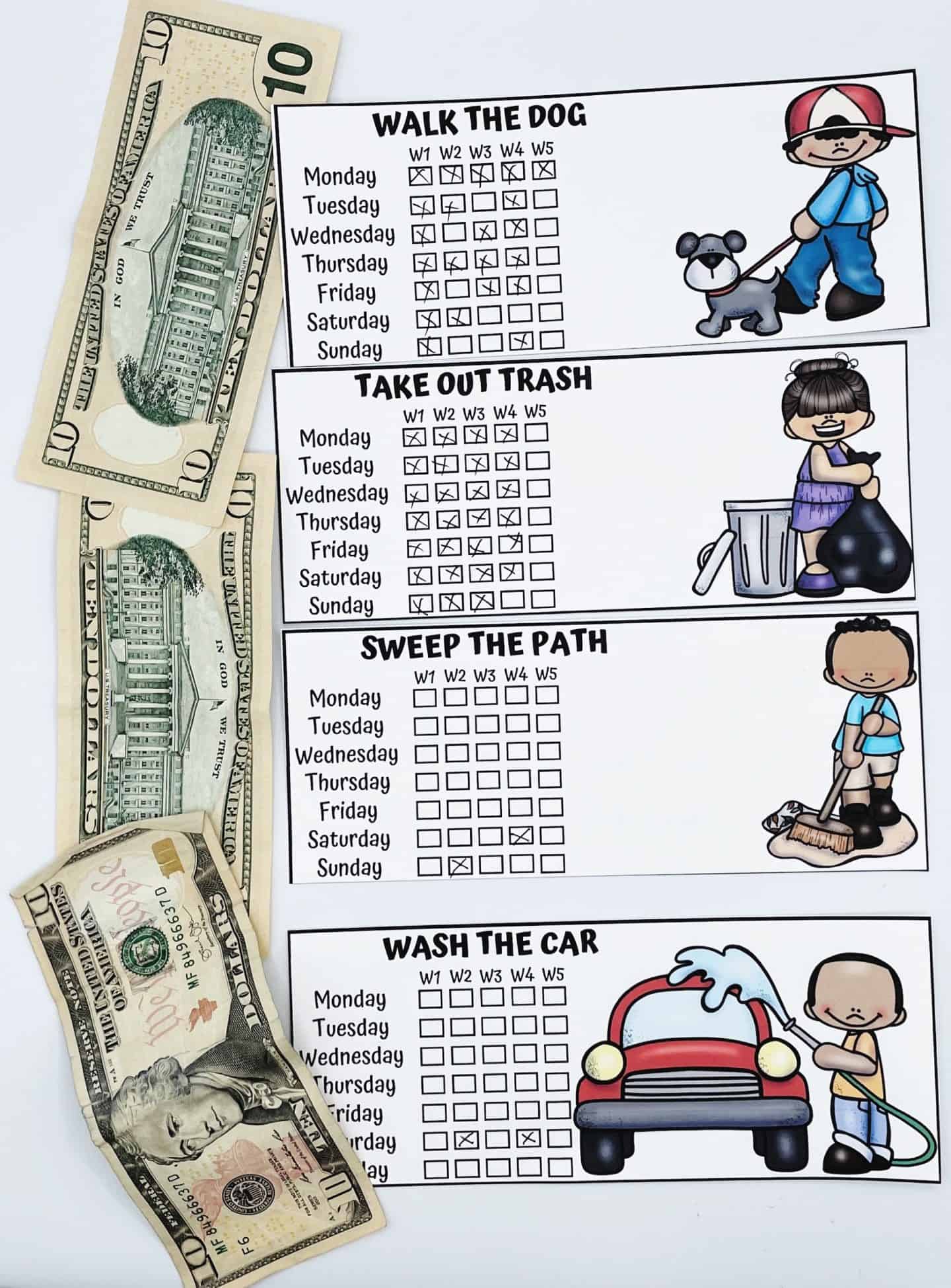 paying kids money for chores completed, such as walk the dog, take out trash, sweep the path, and wash the car