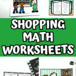 Bookstore-themed shopping math worksheet set with printable coins, bills, book pricing sheet, and cost comparison questions for kids.