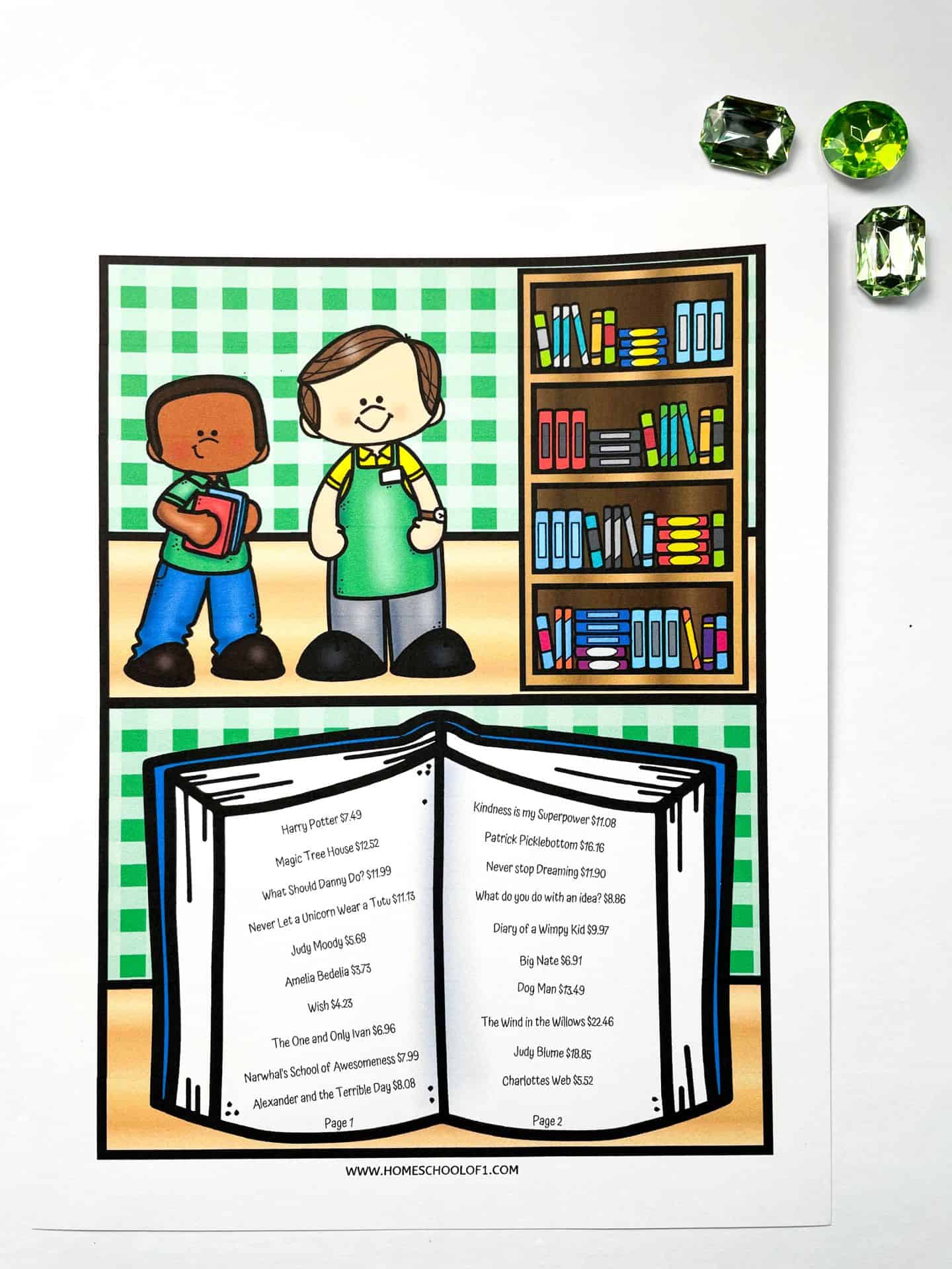 A colorful worksheet showing a cartoon bookstore with a shelf of books. The page includes a price list of various books such as Harry Potter, Magic Tree House, and Diary of a Wimpy Kid, with their respective prices. The books are shown in an open "catalog" style, with two pages listing the titles and prices.