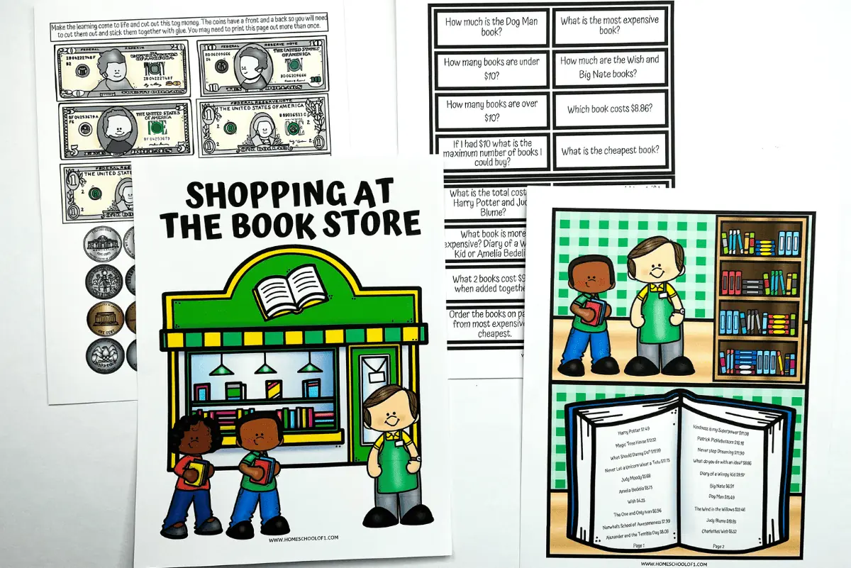 Free Shopping Math Worksheets: Role Play at the Bookstore