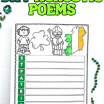 St Patrick’s Day acrostic poem worksheet with shamrock, Saint Patrick, and Ireland illustrations