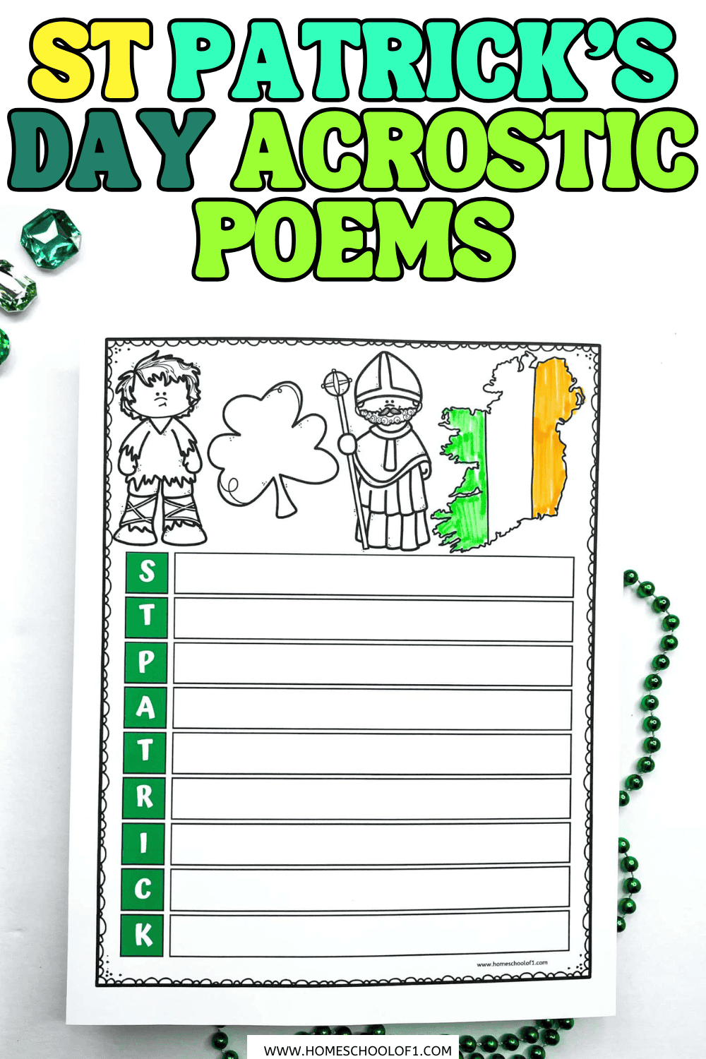 St Patrick’s Day acrostic poem worksheet with shamrock, Saint Patrick, and Ireland illustrations