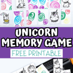 Unicorn memory game free printable showing 24 cards laid out with adorable unicorn drawings and colorful backs, ideal for early learners
