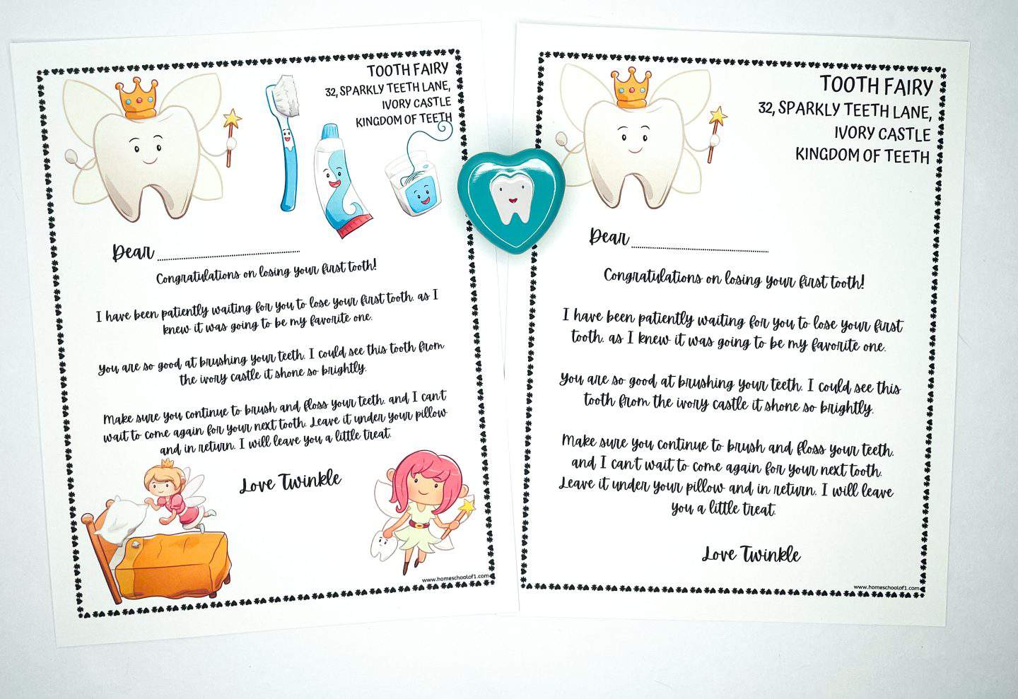 A personalized letter from the Tooth Fairy to a child named Charlie, celebrating the loss of the first tooth. Features illustrations of a crowned tooth, a toothbrush, and a tube of toothpaste, with a handwritten note from 'Twinkle the Tooth Fairy' expressing excitement and encouragement for good dental hygiene. The letterhead includes the address '32, SPARKLY TEETH LANE, IVORY CASTLE, KINGDOM OF TEETH'.