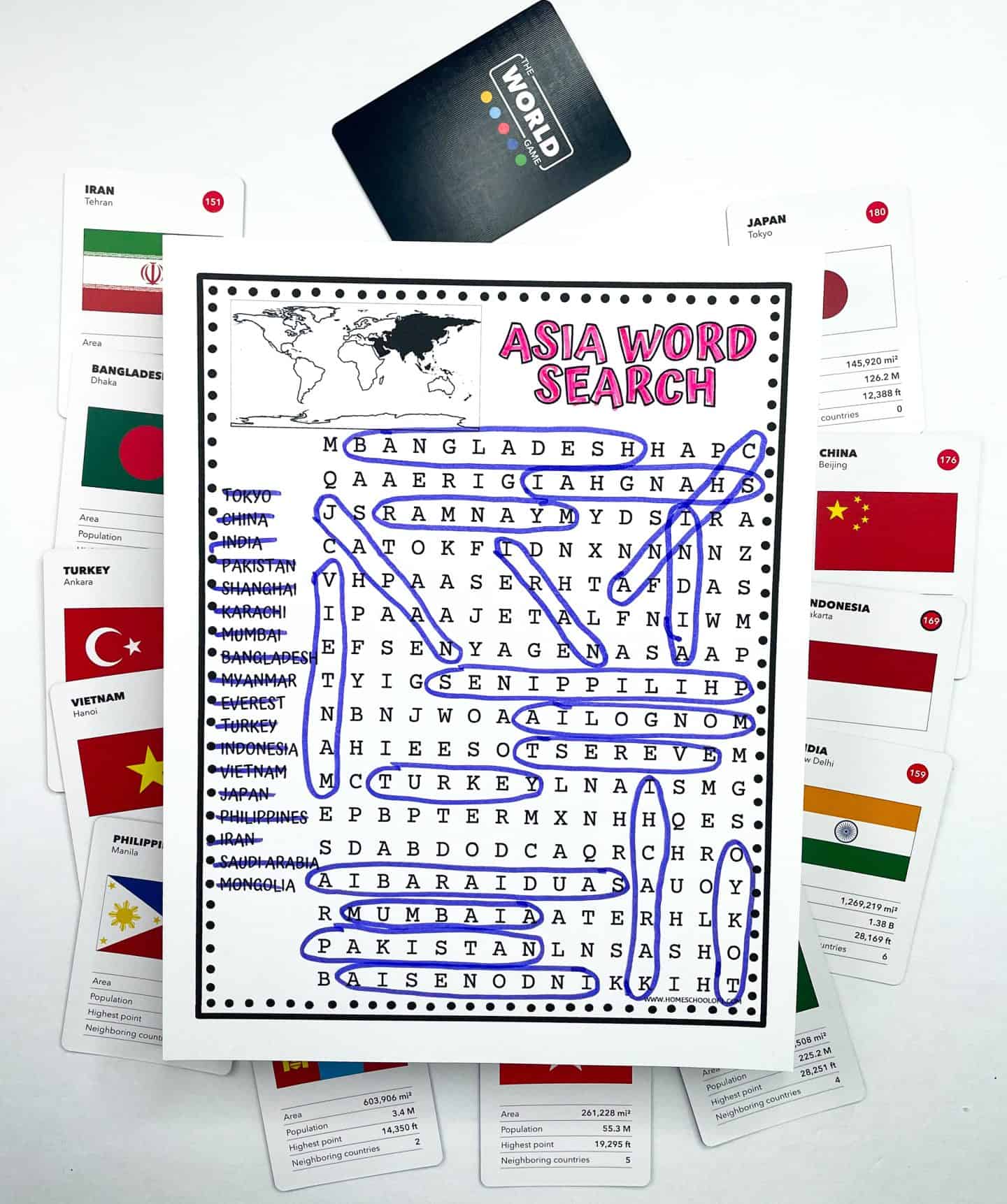 Completed Asia word search worksheet with words like Bangladesh, Pakistan, Mongolia, China, and Vietnam highlighted in blue. Surrounding the sheet are educational flag cards for countries such as Iran, India, Japan, and the Philippines. A black “The World Game” card is placed above the word search.