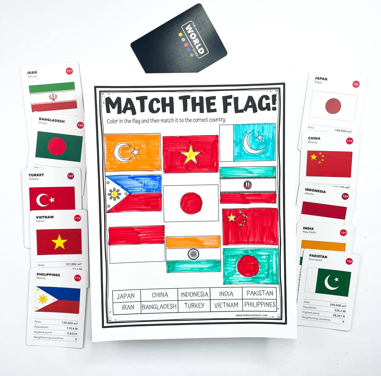 “Match the Flag!” worksheet where students color in flags and match them to their corresponding Asian countries, including Japan, China, India, Vietnam, and more. Country cards with flag images and information are arranged around the worksheet, and a black “The World Game” card is placed at the top.