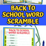Three versions of a back-to-school word scramble worksheet shown together with large bold title and colorful themed design.